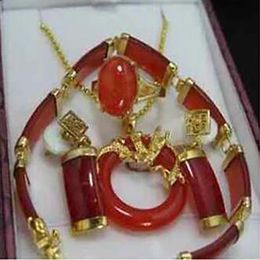 beautiful new Fashion Jewelry Red jade Necklace pendant earrings bracelet Ring Sets