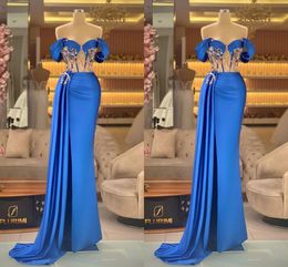 Dark Blue Prom Dresses for Women Satin Off Shoulder V Neck Sweetheart Beaded Sequins Beaded Evening Gowns Side Slit Floor Length Party Dress Plus Size Custom