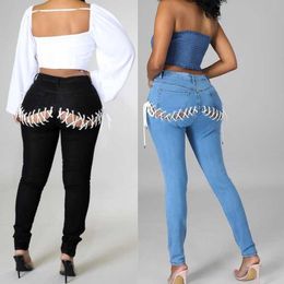 Womens Hip Strap Elastic Jeans High Waisted Women Blue Elastic Waist Hole Strap Pants Rise Clothes Valentine Gift Drop Shipping
