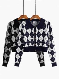 Women's Sweaters JMprs Argyle Women Vest Sweater Fashion Knitted Turn Down Collar Plaid Case Thin Short Jacket Casual Soft Button Up Black top J220915