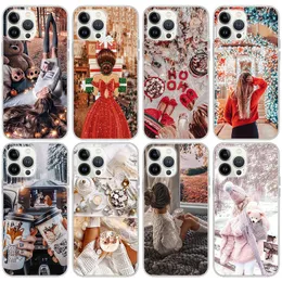 Cute Christmas Girls 1.5MM Soft TPU Cases For iphone 15 14 Pro Max Plus 13 12 11 XS MAX XR X 8 7 6 Iphone15 Xmas Lady Women Merry Gift Car Snow Dog Lovely Clear Gel Phone Cover