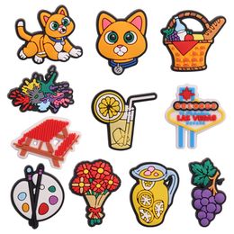 Wholesale 100Pcs PVC Table Bouquet Grape Lemon Juice Cat Fruit Basket Drink Las Vegas Sandals Shoe Buckle Decorations For Adult Backpack Charms Button Clog