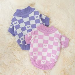 Dog Apparel Autumn And Winter Checkerboard Love Puppy Cardigan Sweater Cat Warm Teddy Pet Two-legged Clothes