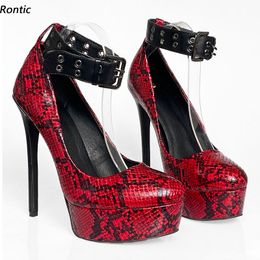 Rontic Neue handgefertigte Damen-Plattform-Pumps, Schlangenmuster, sexy Stiletto-Absätze, runde Zehen, hübsche rote gelbe Kleidschuhe, US-Größe 5–20