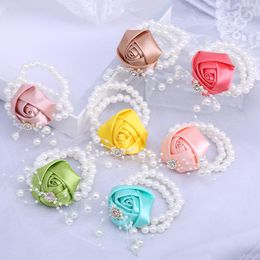 Decorative Flowers Selling Bride Bridesmaid Wrist Flower Pearl Ribbon Rose Handmade Elastic Bracelet Ladies Wristband Party Supplies SW056