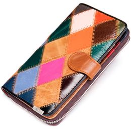 10PCS Vintage color spliced mobile phone pouches leather purse women's large capacity long purses