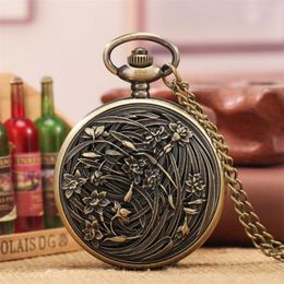 Pocket Watches Grass Relief Necklace Watch Men Women Quartz Clock Arabic Numeral White Dial Bronze Chain Pendant Timepiece