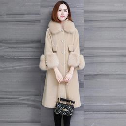 Women's Fur Hstar 2022 Winter Wool Coat Women's Faux Long Sleeve Warm Cashmere Jacket Single Breasted Female Overcoat