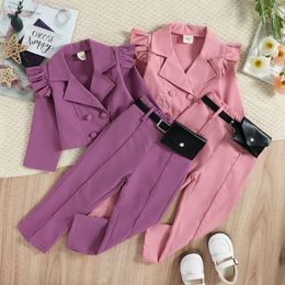 Set di abbigliamento 16Y Bambini Ragazze Vestiti autunnali Set con marsupio Baby Ruffle Manica lunga Risvolto Blazer Outwear Pantaloni 3 pezzi Abiti per bambini 221125