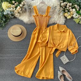 Women's Two Piece Pants Summer Romper 2 Pieces Set Women Spaghetti Strap Playsuits Long Sleeve Blouse Outfit Elegant Woman Casual Clothes