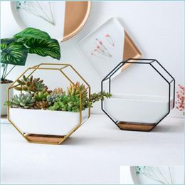 Planters Pots Planters Pots Metal Rack White Planter Simple Octagonal Geometric Wall Hanging Ceramic Flower Pot Bamboo Tray Iron F Dhwhf