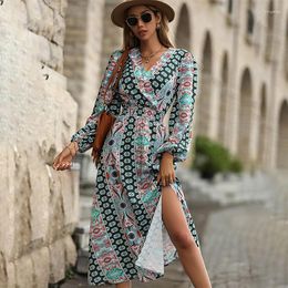 Casual Dresses Women's Sexy V Neck Wrap Maxi Dress Elegant Boho Clothing Floral Print Long Sleeve Split Beach Flowy Autumn