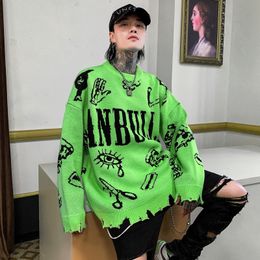 Men's Sweaters Autumn Winter Ripped Hole Punk Hip Hop Sweater Men Red Green Yellow Colour Oversized Pullover Korean Style Graffiti Jersey Hombre 221125