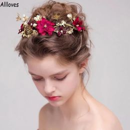Gold Rhinestone Pearl Bridal Headpieces Headband Retro Red Flowers Women Crown and Tiaras Headwear Hair Accessories Jewellery For Wedding Birthday Party CL1510