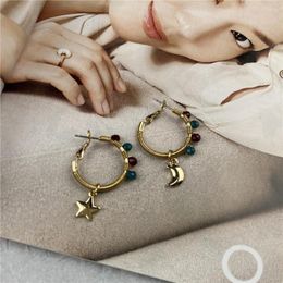 Hoop Earrings Full Hand Made Trendy Gold Color Plating Bead Sprial Wrapping Wire Star Moon Charm Elegance Novelty Jewelry