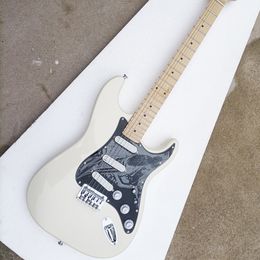 6 Strings Cream Electric Guitar with White Pickguard Maple Fretboard SSS Pickups Customizable