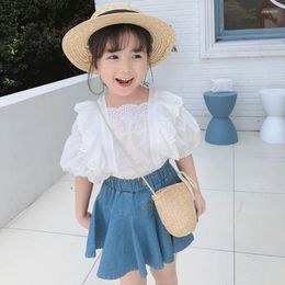 Clothing Sets 2022 Spring Summer Girls' Suit Fresh Sweet And Lovely White Lace Delicate Coat Denim Skirt Two-piece Set 3-8 Years Old