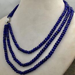 Huge 2x4mm NATURAL Blue sapphire FACETED BEADS NECKLACE 3 Row 18-20''