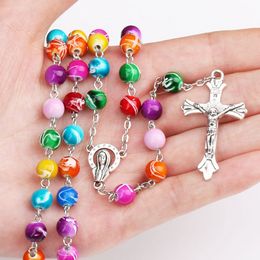 UPDATE Colorful Polymer Clay Bead Rosary Pendant Necklace Cross Virgin Mary Centrepieces Christian Catholic Religious hip hop jewelry dropship