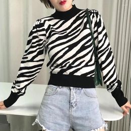 Women's Sweaters Vintage Zebra Striped Knitted Pullover Sweater Women Autumn Winter Animal Print Turtleneck Long Puff Sleeve Jumpers Ladies