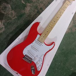 6 Strings Red Electric Guitar with White Pickguard Maple Fretboard SSS Pickups Customizable