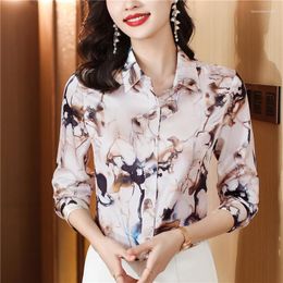 Women's Blouses High-end Especially Beautiful All Season White Mulberry Silk Brown Ink And Wash Print Women Slim OL Workwear Top Shirt