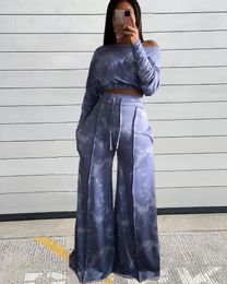 Women's Two Piece Pants EWSFV 2022 Autumn And Winter Women Casual Fashion Tie Dye Long Sleeved Top Wide Leg Suit