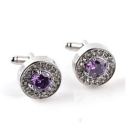 Cuff Links Luxury Highgrade Jewelry Mens White Purple Enamel Crystal Cufflinks Round Wedding Party Cufflink French Shirt Cuff Button Dhcrb