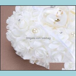Gift Wrap Wedding Ring Pillow Wrap Ceremony Ivory Satin Crystal Flower Rings Bearer Pillows Cushion Heartshape Flowers 451 V2 Drop D Dhajb
