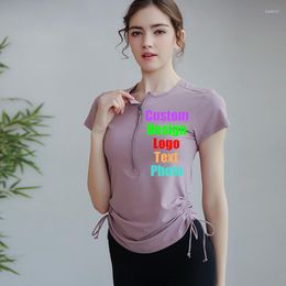 Women's T Shirts Spring And Summer Zipper Drawstring Sports Short-Sleeved T-Shirt Top Solid Colour Quick-Drying Custom LOGO