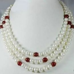 Fashion 3 row white 7-8mm freshwater pearl red beads necklace jewelry 17-19 "