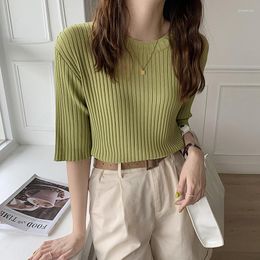 Women's Sweaters O-neck Knitted Shirt Short Sleeve Good Quality QuZhu Ice Silk Blouse Summer Thin Round Collar Knitting T-shirt Girl