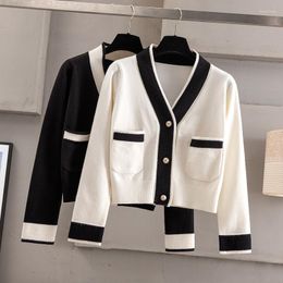 Women's Knits Spring Autumn Retro Patchwork Short Knitted Sweater Cardigan Women's Clothing Long-sleeved Shawl V-neck Jackets Coats Tops