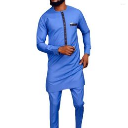 Ethnic Clothing Mens Royal Blue African 2 Piece Set Traditional Dashiki Outfits Long Sleeve Shirt Pant Sets Streetwear Casual