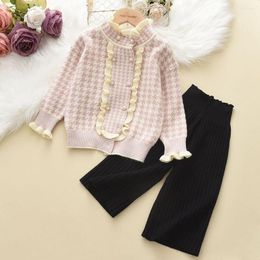 Clothing Sets Menoea Girls Clothes Set Winter Kids Long Sleeve Plaid Lace Sweater Solid Color Straight Pants Two Piece Fashion Outfits