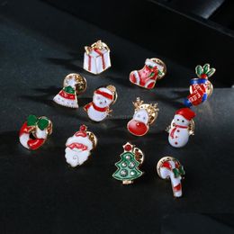 Spille Spille Gioielli natalizi Smalto Christams Spilla Cartone animato Albero di Babbo Natale Pupazzo di neve Calzini Spille Spilla Donna Bambini Moda Goccia Deli Dhkgb