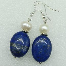 Fashion 7-8mm White Pearl 13x18mm Oval Lapis Lazuli Earrings