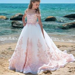 Girl Dresses Lace Flower Pageant With Blush Pink Applique A Line Sheer Neck Sweep Train Teens Birthday Party Communion Gowns