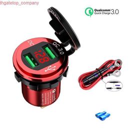 Car Quick Charge 3.0 Dual USB Car Charger Fast Charge Socket Aluminium Power Outlet with LED Voltmeter for 12V 24V Car Boat Marine
