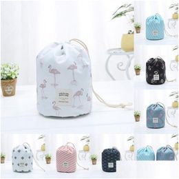Storage Bags Barrel Shaped Cosmetic Bags Large Capacity Dstring Travel Dresser Pouch Xford Fabric Flamingo Print Organiser Storage 9 Dhsob
