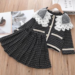 Clothing Sets Girls Baby Elegant Princess Clothes 2022 Fashion Autumn Winter Lace Collar Cute Tops And Skirts Outfit 2Pcs Party Costume