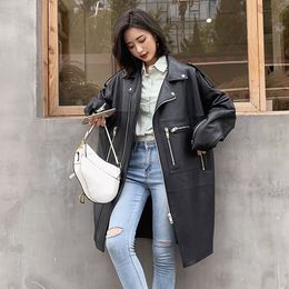 Women's Leather Faux Nerazzurri Autumn Oversized Black Long Womens Biker Jacket Sleeve Spring Loose Coat Streetwear 221125