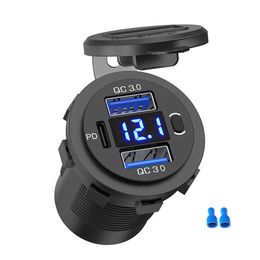 Three Port 12V/24V USB Charger Socket Dual 18W Quick Charge 3.0 20W PD USB-C For Car Motorcycle With Voltmeter and Power Switch