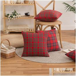 Cushion/Decorative Pillow Cushion/Decorative Pillow 45X45Cm Christmas Square Cushion Er Plaid Print Cases Sofa Seat Bed Throw Pillow Dhgty