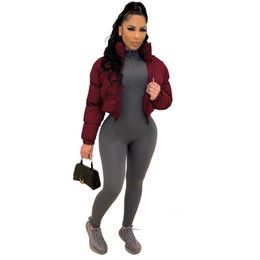 Women's Down Parkas Crop Puffer Jacket Women Black Zipper V Neck Long Sleeve Ladies Warm Short Coats Outwear Coat Thin Light 221125