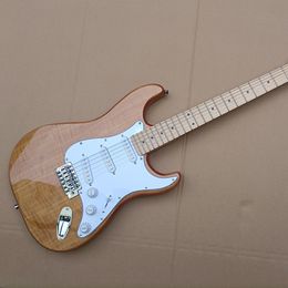 6 Strings Natural Wood Color Electric Guitar with Flame Maple Veneer Maple Fretboard SSS Pickups Customizable