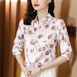 Women's Blouses High-end Especially Beautiful All Season White Mulberry Silk Flower Buds Print Lapel Women Slim OL Workwear Top Shirt Blouse