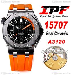 IPF 1570 Ceramic Case A3120 Automatic Mens Watch 42mm Black Textured Dial Stick Markers Orange Rubber Strap Super Edition Watches Puretime B2