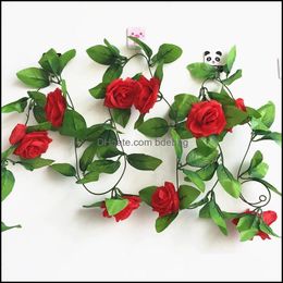 Decorative Flowers Wreaths Home Fashion Artificial Flowers Leaves 2.45M Fake Rose Flower Vines String With Green For Wedding Party Dhske