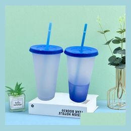 Tumblers 24Oz Color Changing Cup Clear Plastic Drinking Tumblers Colors Reusable Cold Drinks Magic Coffee Beer Mugs 78 S2 Drop Deliv Dhlwq